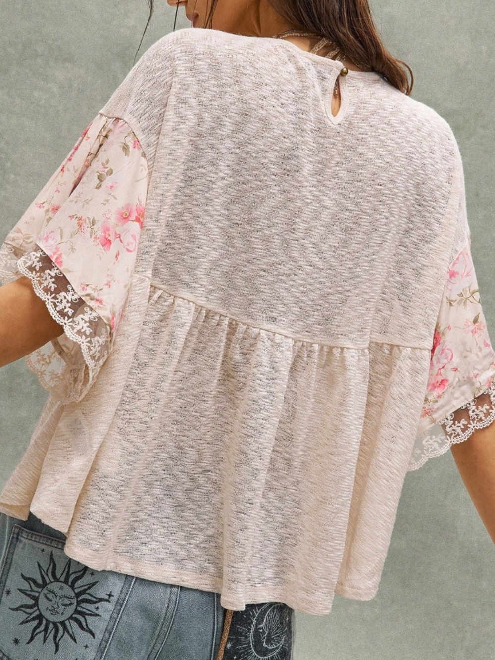 Boho Floral Print Lace Short Sleeve Oversized Blouse - Picture 6 of 6